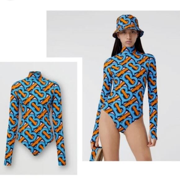 BURBERRY Monogram Women’s Long Sleeve One Piece Bathing Suit Boddysuit XL - Picture 1 of 8